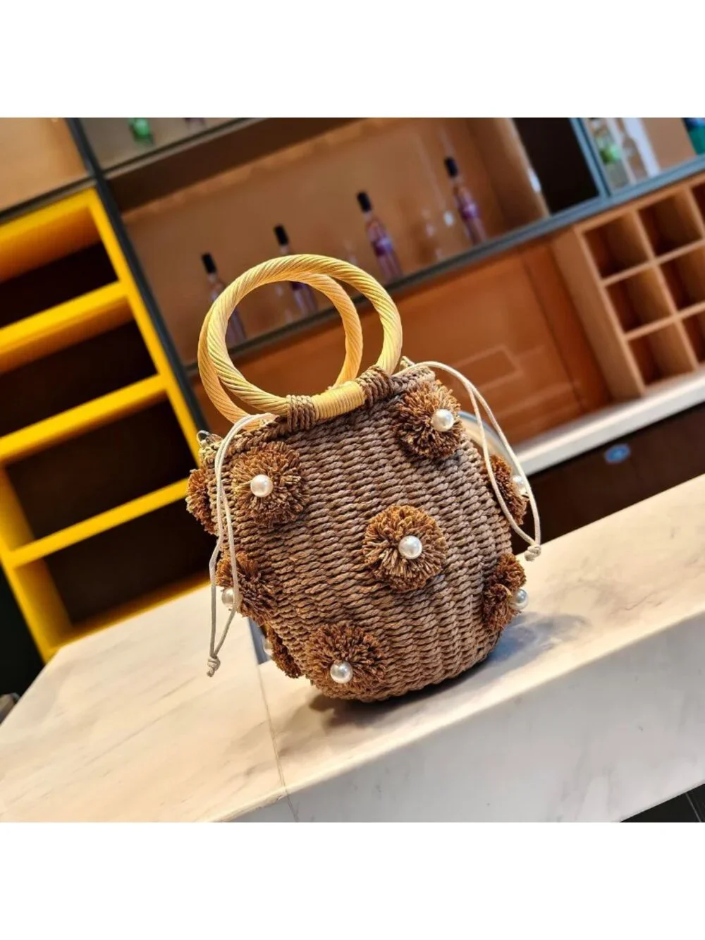Chic Flower Pearls Rattan Tote Bag | Summer Beach Drawstring Straw Bucket Bag